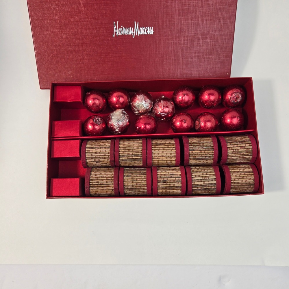 Neiman Marcus 2002 Christmas Set 8 Bamboo Napkin Rings & 12 Red Ball Candles Box